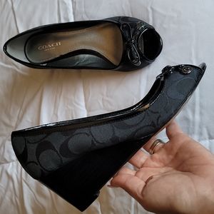 Coach Signature Black Peep Toe Wedges Size 5
